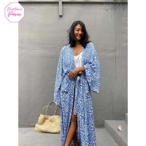 Kimono de Plage Imprimé Leopard Bleu