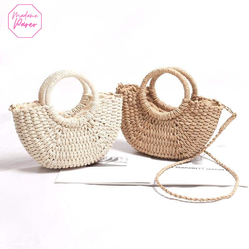 Sac de plage en paille demi lune coloré – Image 2