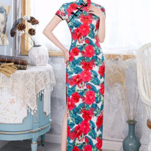 Cheongsam Longue Fendue Avec Motifs Floraux Rouges Et Verts – Ziyan
