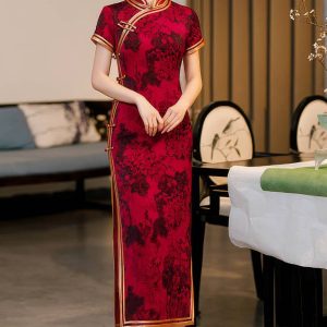 Cheongsam Longue Traditionnelle À Motifs Floraux – Qiuyue