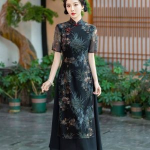 Cheongsam Noire Avec Manches Transparentes Et Motifs Floraux – Fengyi