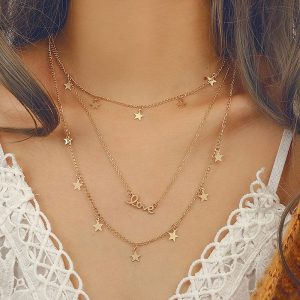 Collier Fantaisie Multirang Pendentif Étoiles et Love
