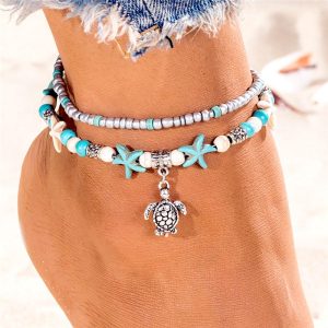 Double Bracelet Cheville Bleu Blanc Pendentif Argenté