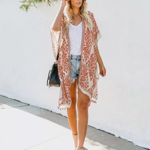 Kimono de Plage Imprimé Retro à Manches Courtes