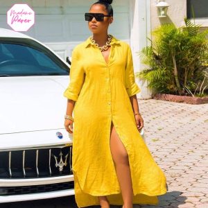 Longue Robe Chemise Boutonnée Manches Mi-longues