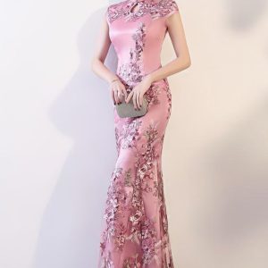 Qipao Brodée Rose Bonbon Coupe Sirène – Qingling