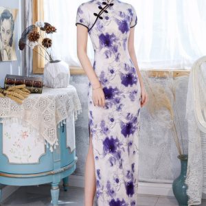 Qipao Fente Haute Avec Motifs Floraux Violets – Ziru