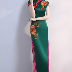 Qipao Longue Fendue Avec Broderies Florales – Fanghua