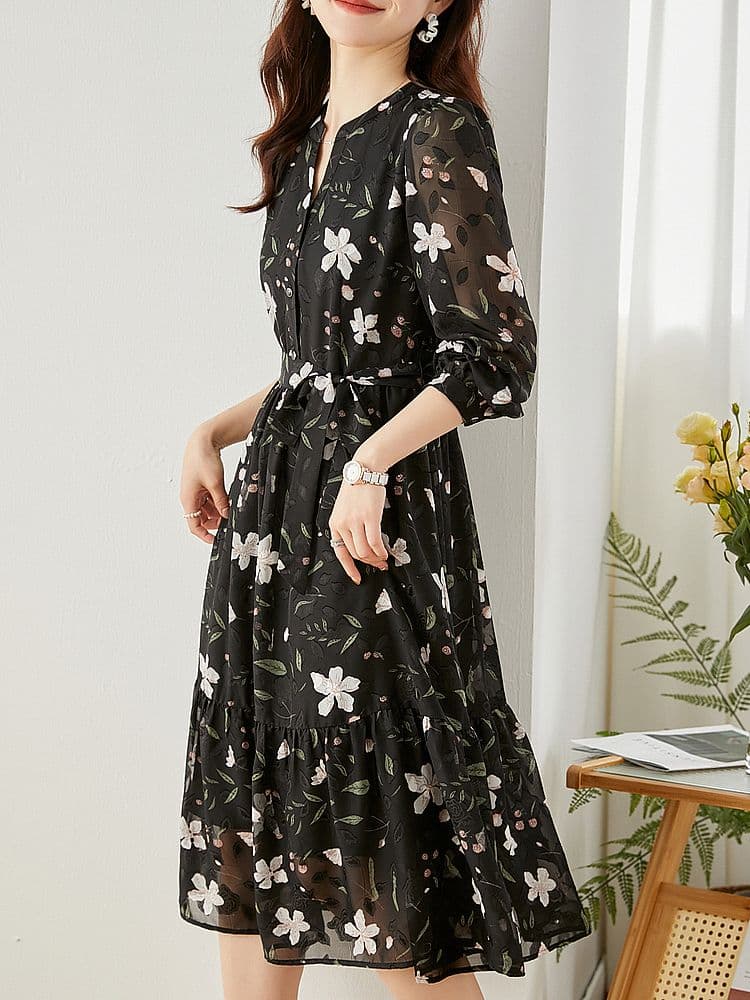 Robe Automne Midi Semi Transparente Imprimé Floral – Image 3