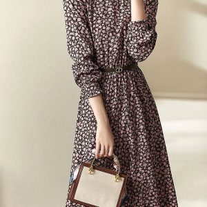 Robe Automne Vintage Style Floral et Col à Volants