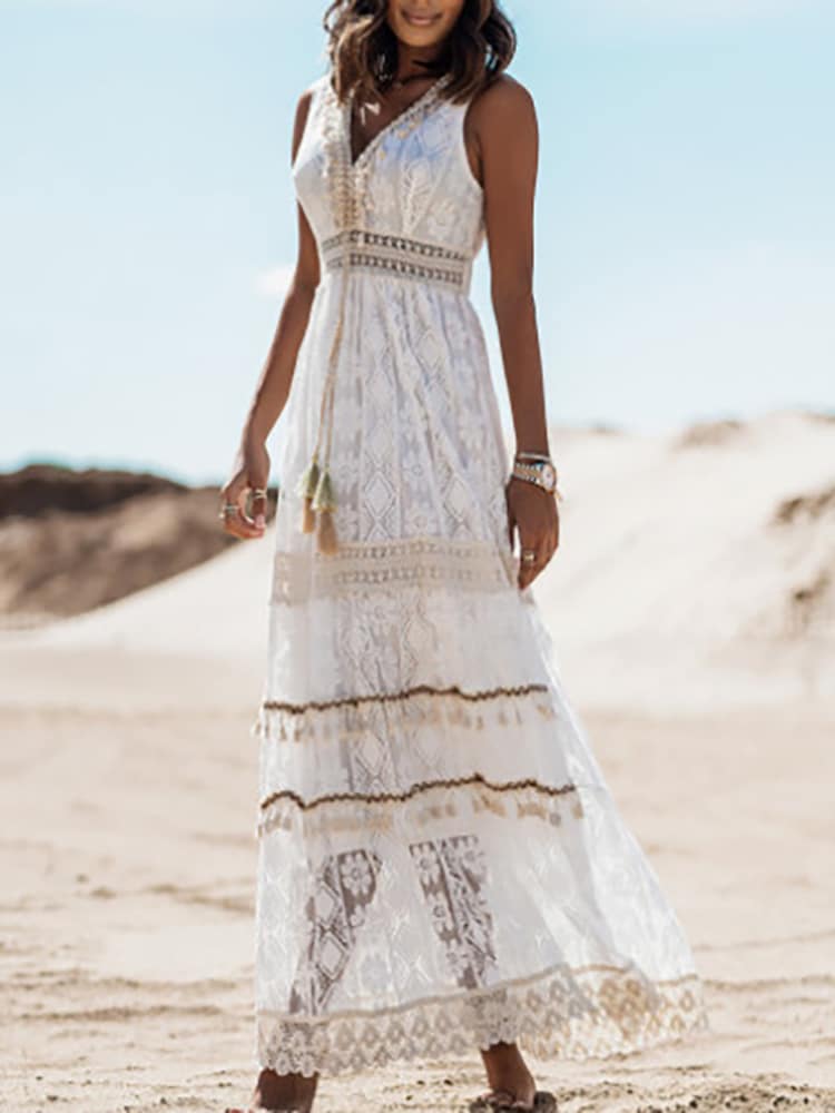 Robe Bohème Longue Col V Manches Courtes – Image 5