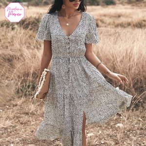 Robe Bohème Longue Col en V et Cordon de Serrage