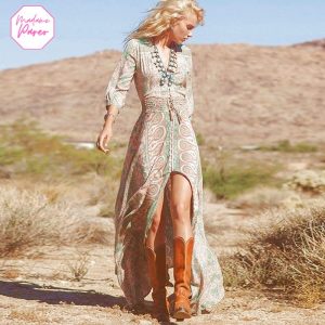 Robe Bohème Longue à Col en V Style Western