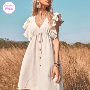 Robe Chemise Trapèze à Volants et Col en V