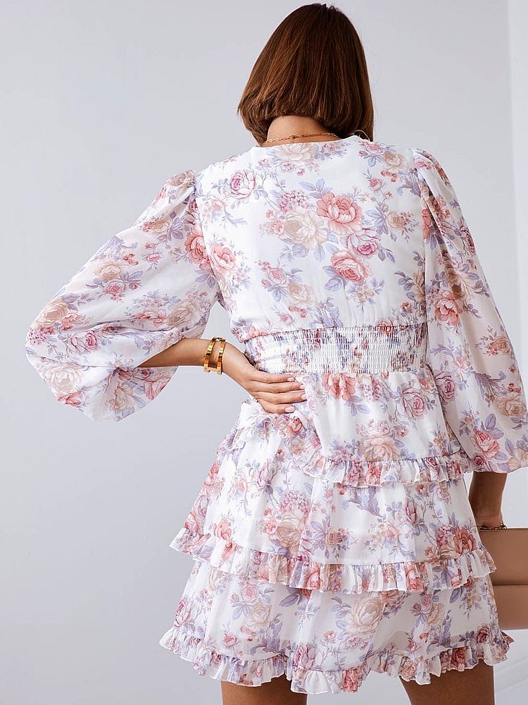 Robe Fleurie Crème à Manches Longues et Volants – Image 4