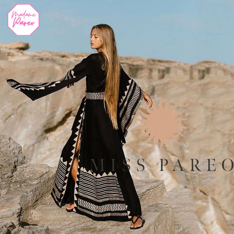 Robe Kimono Portefeuille Noir à Motifs Géométriques – Image 3