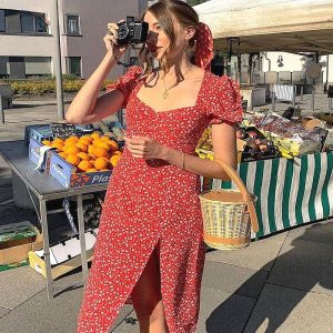 Robe Longue Vintage Fendue Effet Floral