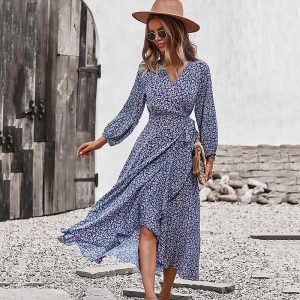 Robe Portefeuille Imprimé Floral à Manches Longues