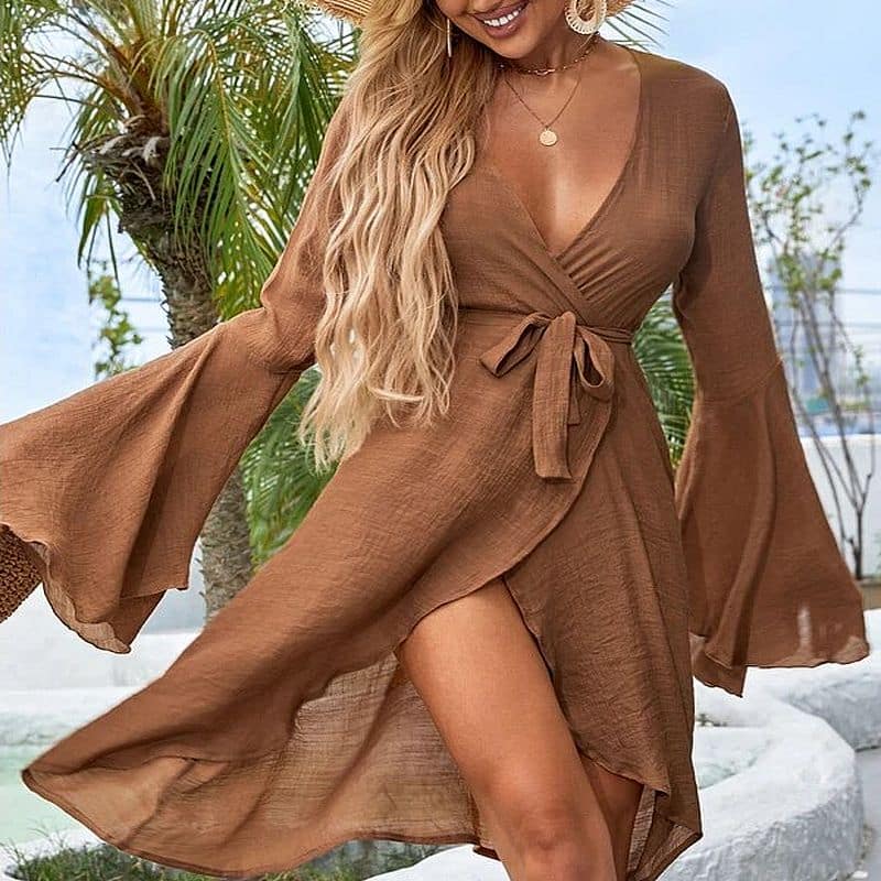 Robe Portfeuille Manches Cloches et Col V – Image 7