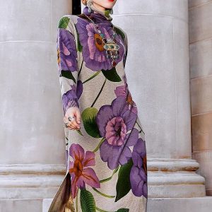 Robe Pull Fleurie à Col Roulé