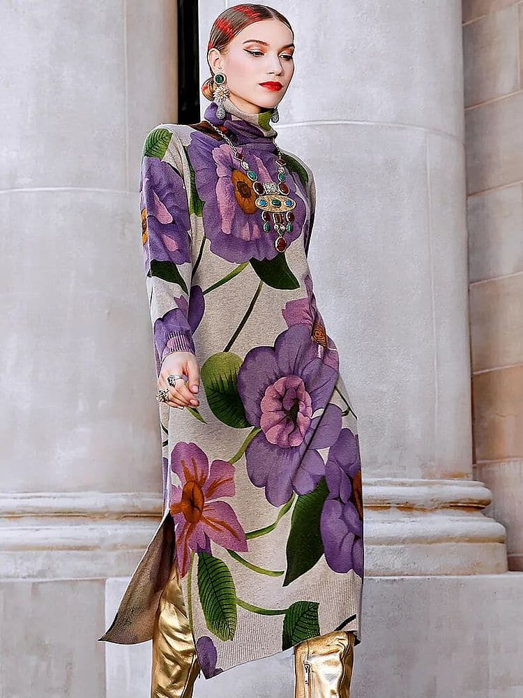 Robe Pull Fleurie à Col Roulé