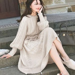 Robe Pull Vintage à Col Rond et Motifs Torsadés