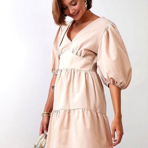 Robe d’Eté Ajustée à Manches Bouffantes en Coton