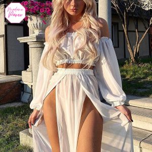 Robe d’Été Fendue Manches Longues et Épaules Dénudées