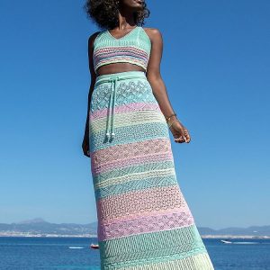 Robe Crochet Ensemble 2 Pièces Haut et Jupe Longue Ajourée
