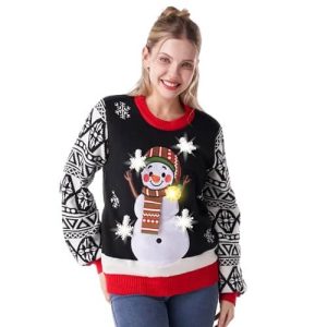 Bonhomme de neige Lumineux – Equipé d’Ampoules Éclatantes – Pull de Noël pour Femme