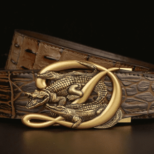 Ceinture Alligator en Cuir Marron avec Motif Imprimé et Boucle Dorée en Métal
