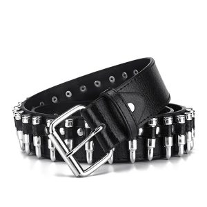 Ceinture cloutée noire en simili cuir rock ornée de fausse balle