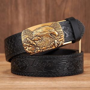 Ceinture Cow-Boy en Cuir Style Fleur avec un Aigle Doré sur la Boucle