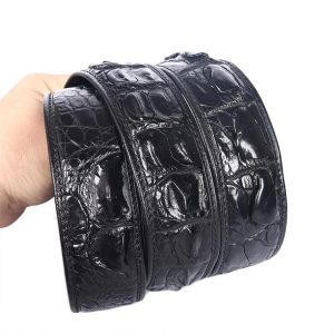 Ceinture Crocodile en Cuir Noir Style Écaille Sans Boucle