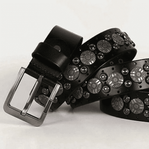 Ceinture en Cuir Noir avec Boucle et Rivet en Métal avec Motif