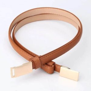 Ceinture Fine Classique Ajustable en Simili Cuir et Boucle en Métal Dorée