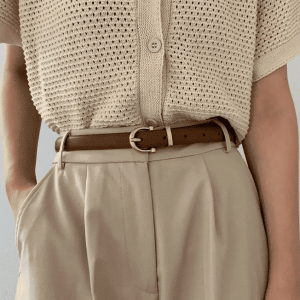 Ceinture Fine Marron en Simili Cuir Style Rétro avec Boucle Dorée