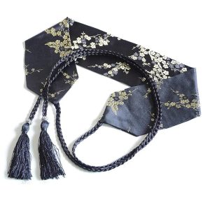 Ceinture Japonaise Noire en Satin avec Imprimé Style Floral Doré