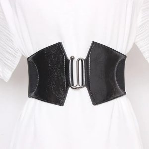 Ceinture Large Élastique en Simili Cuir avec Crochet en Métal Argentée