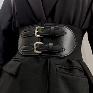 Ceinture Large Noir pour Femme en Simili Cuir Style Corset avec Boucle en Métal