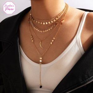 Collier Multirangs Pendentifs Etoiles & Lunes
