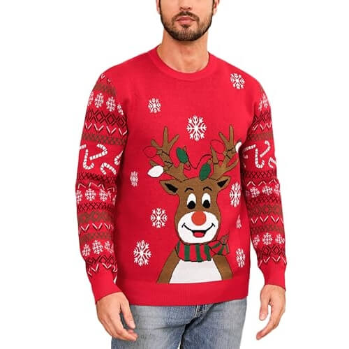 De Noël à Rodolphe – Flocon de Neige et Renne – Pull de Noël Rouge