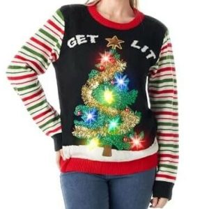 Esprit Lumineux – Pull avec Sapin LED Clignotant – Pull de Noël Moche pour Femme