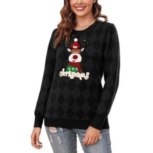 Esprit de Rodolphe – Pull Noir Imprimé Renne et Flocons – Pull de Noël Femme
