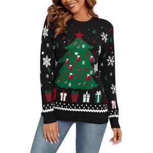 « Festive Folie » – Pull Noël avec Sapin et Bonhomme de Neige – Pull de Noël Moche pour Femme