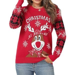 Flocon de Joie – Renne Coquet en Rouge – Pull de Noël pour Femme