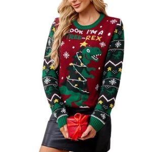 Flocons Festifs – Pull Bordeaux à Motif Renne – Pull de Noël pour Femme