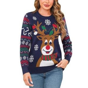 Folie Festive – Pull Rouge Bonhomme de Neige & Renne – Pull de Noël pour Femme