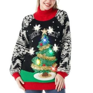 Folie Lumineuse – Pull Long en Tricot avec Sapin de Noël 3D – Pull Moche de Noël pour Femme