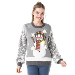« Joyaux Lumineux » – Pull de Noël avec Bonhomme de Neige et Flocons de Neige Lumineux – Pull de Noël avec LED pour Femme